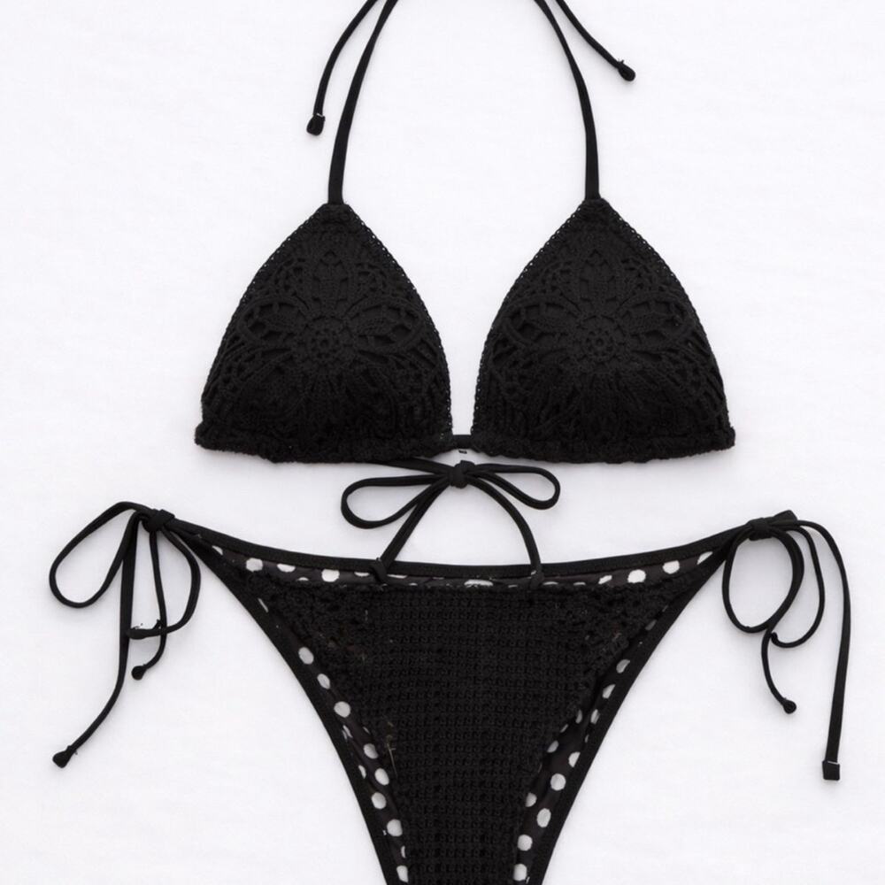 Aerie Sun Lover Crochet Bikini Set Black | NWT Crochet Triangle Top XL